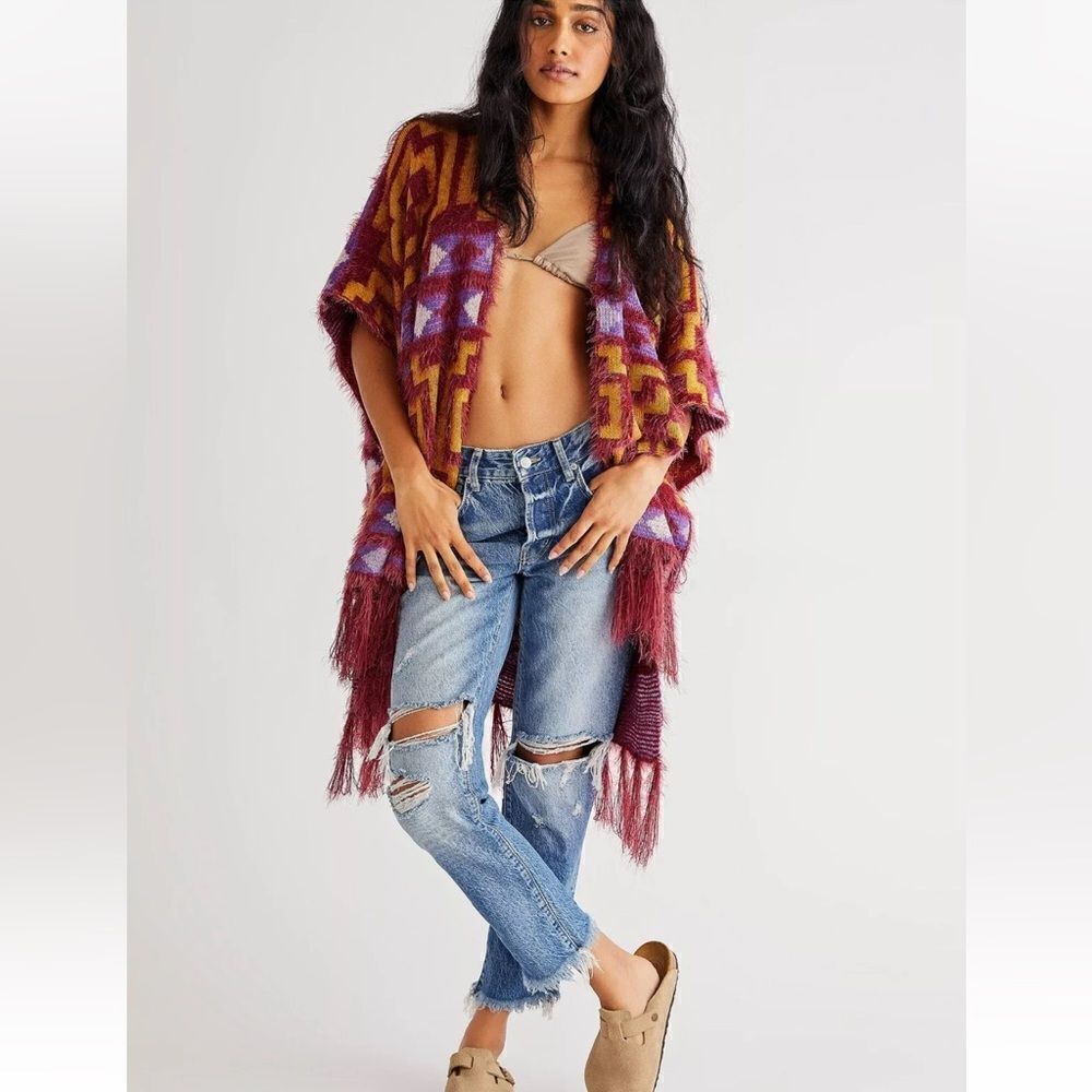 Free People Diamondback Cozy Kimono One Size Poncho Shawl Fringe
